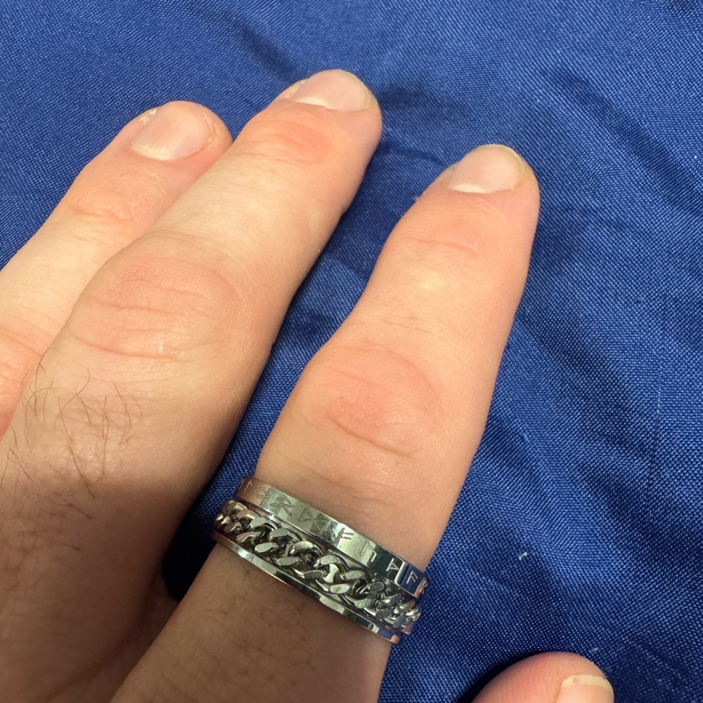 Men’s Size 13 Stainless Steel Spinner Ring with Chain Center and Rune Design
